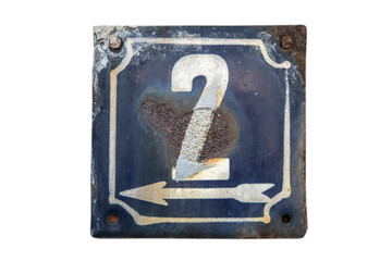 Weathered grunge square metal enameled plate of number of street address with number 2 isolated on white background