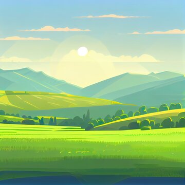 2d illustrated illustration of beautiful summer field with dawn, green hills, bright blue sky, countryside background in flat cartoon style banner.