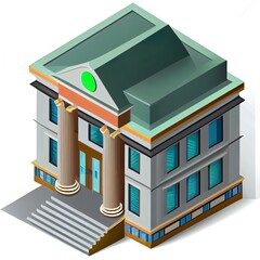 Bank building 3d 2d illustrated icon. Isolated on white.