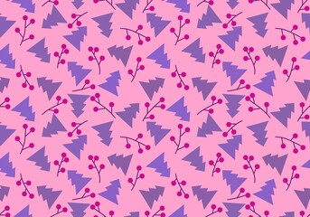 Winter Christmas tree seamless berries branches pattern for wrapping paper and fabrics and linens and kids