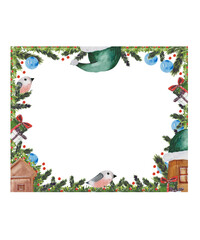 Christmas frame with gingerbread houses, gifts, bullfinch. Watercolor hand drawn illustration for icons, banners, cards, decor.