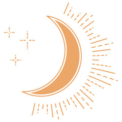 Gold crescent moon with rays and radiance and stars drawing in minimal thin line style. © Vero Rose