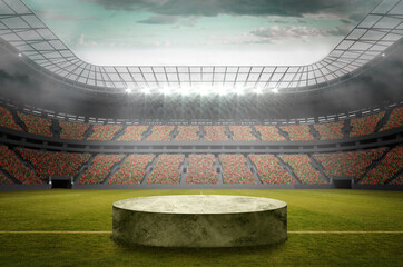 Fototapeta na wymiar Soccer podium on grass inside the stadium, football stand in the playground