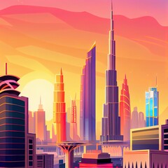 Dubai amazing city skyline with luxury skyscrapers at sunset, United Arab Emirates