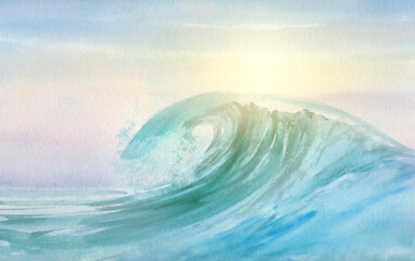 Abstract watercolor background, sunset in the sea. Seascape painted with watercolors on paper.