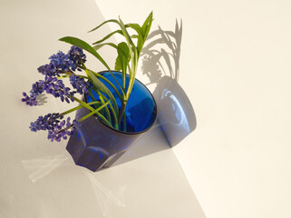 Bunch of spring wildflowers: apple blossoms and purple hyacinth flower in blue glass on white...