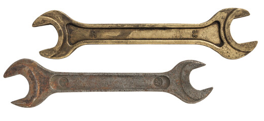 Old rusty wrenches, set spanners isolated on a transparent background
