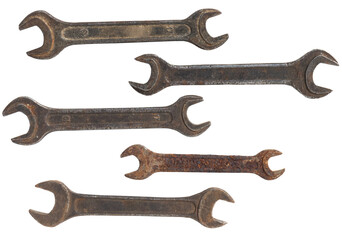 Old rusty wrenches, set spanners isolated on a transparent background