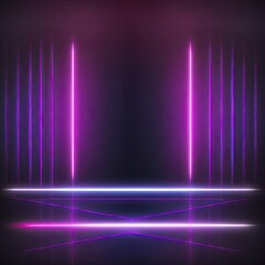Dark background. Room with pink neon lights. Lines and LEDs, night view. Abstract pink wallpaper. 