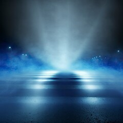 Obraz premium Epic dark blue background, wet asphalt, streetlights and spotlight. Empty city street with fog and smoke.
