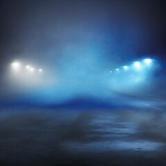 Fototapeta premium Epic dark blue background, wet asphalt, streetlights. Empty city street with fog and smoke.