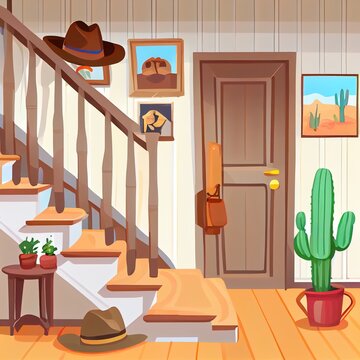 Rustic house hallway entrance interior with wooden stairs and furniture. Western style apartment with door, hanger, carpet, cowboy hat on table and cactus picture on wall. Cartoon 2d illustrated