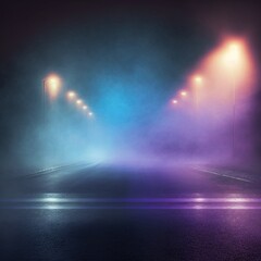 Epic dark background, wet asphalt, streetlights. Empty city street with fog and smoke.