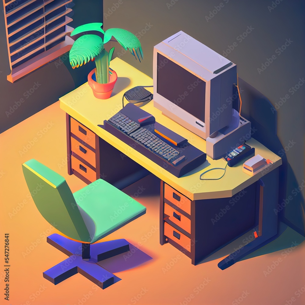 Poster 3d illustration isometric view unique office table with personal computer and keyboard.
