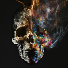 Colorfull head skull dissolving into smoke isolated on black background