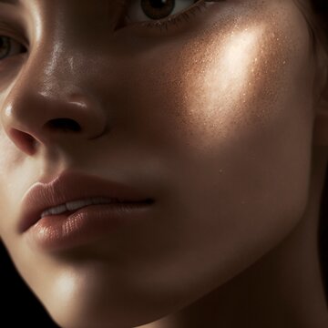 3d render of a female face with full lips and glowing makeup