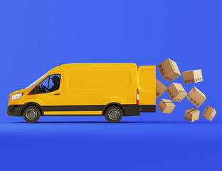 3d render of a yellow delivery van with cardboard boxes falling off the ve hicle on blue background. Logistics and wholesale concept.Online Orders, Purchases, E-Commerce Goods, Merchandise