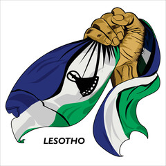 Fisted hand holding Lesotho flag. Vector illustration of lifted Hand grabbing flag. Flag draping around hand. Scalable Eps format	
