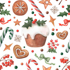Watercolor seamless pattern with traditional treats. Hand-drawn glazed muffin with holly berry, candies, bisquits, stars and snowflakes.