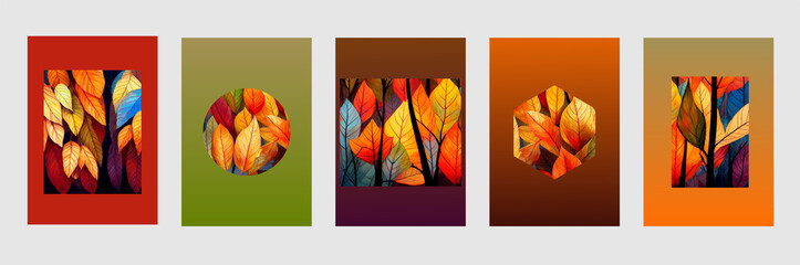 set  with multicoloured autumn leaves on a gradient background,  Generative AI	