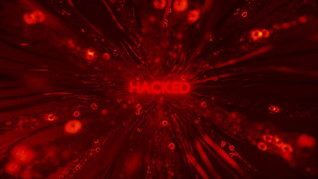 Red network with Hacked inscription. 3d animation render