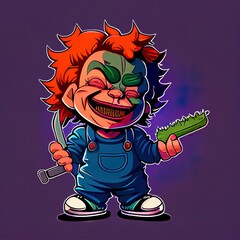 nug Chucky smoking blunt and holding knife and bag bud nug weed flower color mascot character - obrazy, fototapety, plakaty