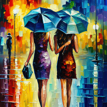 girls walking in the rain with umbrella art poster, digital art, abstract, women walking together in rain with umbrella,generative ai