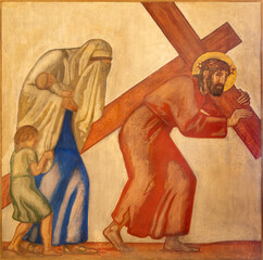 ZURICH, SWITZERLAND - JULY 1, 2022: The fresco Jesus meets the women of Jerusalem as part of Cross...