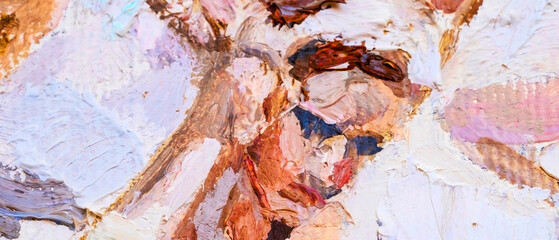 Macro. Art. Fragment of oil painting. Ballerina at performance. Colors: white, purple, ocher, beige.