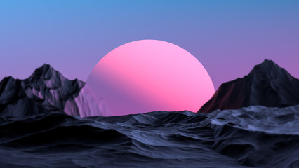 Planet pink sunset futuristic landscape. Mountain landscape fantasy. 3D render.