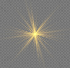 Set of yellow stars bursts with sparkles. Sunlight special lens flare light effect. Shine, sparks, flash on transparent background. Glowing lights, star gold sparkl. Transparent shining sun. Vector.