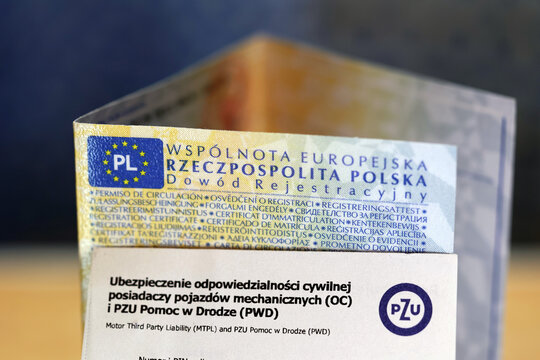 Dow&oacute;d rejestracyjny samochodu osobowego w Polsce z widocznymi badaniami okresowymi. 