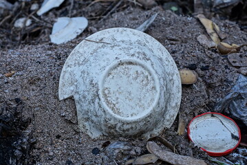 Obraz premium one dirty white broken plate lies not on the gray earth on the street