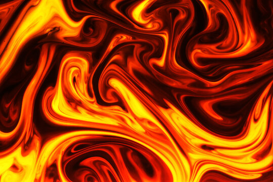 Yellow and orange paint pigment mix background. Abstract swirl shapes backdrop. Fire design background. Lava pattern. Black swirl texture. Artistic shape fluid flow. Magic marble backdrop.