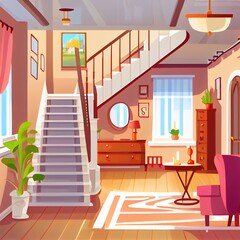 Home interior with hallway entrance, stairs on second floor and furniture. Bright hall, living room and kitchen apartment background with hanger, armchairs, tables, carpet. Cartoon 2d illustrated