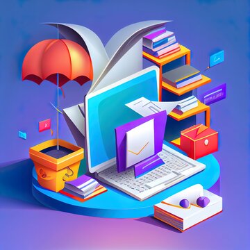 3D Web 2d illustrated Illustrations. Mail service concept. Computer with open pages.
