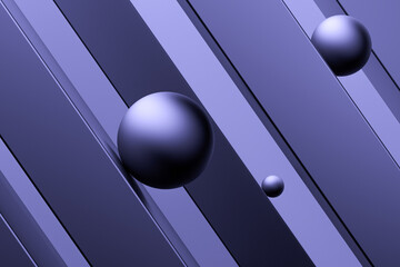 Purple abstract balls. Metallic balls on beams, metal spheres roll down or rise. 3D render.