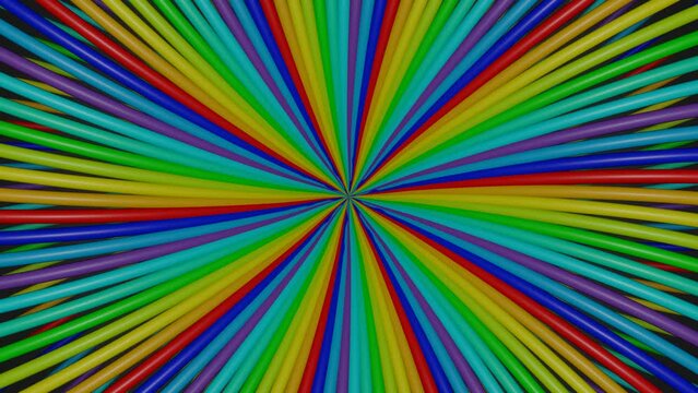 Rainbow tubes converging in the middle of the canvas change their position and slowly rotate. 3d animation in cheerful vivid colors