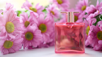 Obraz na płótnie Canvas A perfume bottle surrounded by pink chrysanthemum flowers. Eau de toilette, eau de parfum, beauty concept