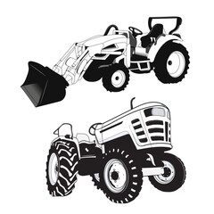 Tractor sketch on white background. Green tractor vector illustration. Agricultural tractor, transport for farm.
