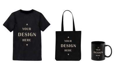 Black T-shirt, Black tote bag, Black mug template set. Vector illustration