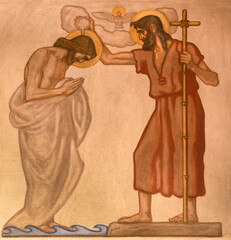 ZURICH, SWITZERLAND - JULY 1, 2022: The fresco of Baptism of Jesus in church St. Anton by Fritz...