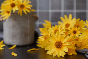 Bunch of Wild Sunflowers (Jerusalem Artichoke Flowers) on a Kitchen Counter