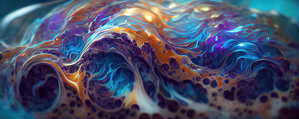 abstract blue and orange and purple background with bubbles and fluid paint as panorama header background