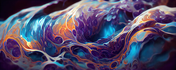Naklejka premium abstract blue and orange and purple background with bubbles and fluid paint as panorama header background