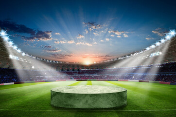 Soccer podium on grass inside football stadium  - obrazy, fototapety, plakaty