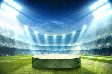 Soccer podium on grass inside football stadium  - obrazy, fototapety, plakaty