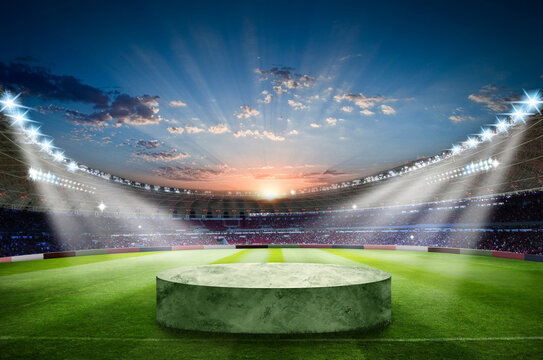Soccer podium on grass inside football stadium 
