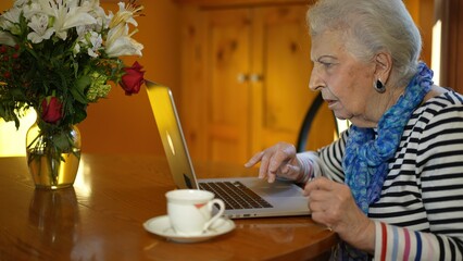 Elderly senior woman sitting at dining room table working on laptop computer trying to understand.