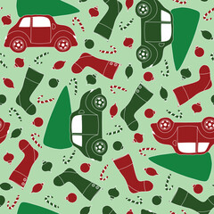 Christmas Red and Green Cars, Stockings, Candy Canes, and Ornaments Surface Design Textiles Seamless Repeat Pattern Design on Green Background